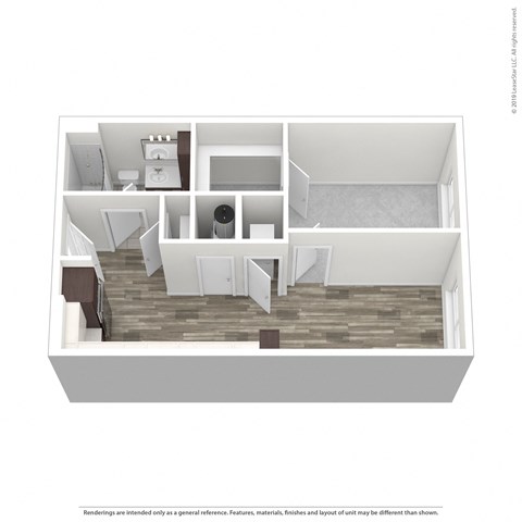A floor plan of a small apartment with a kitchen, living room, and bedroom.